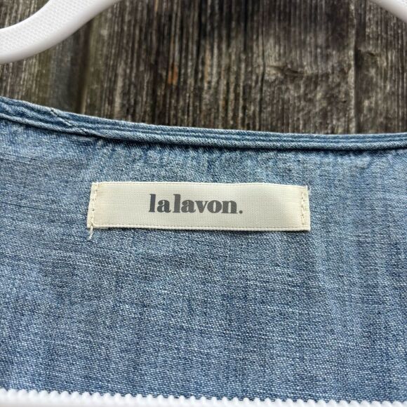 Lalavon Chambray Denim V-Neck Mini Dress Medium - Picture 3 of 7